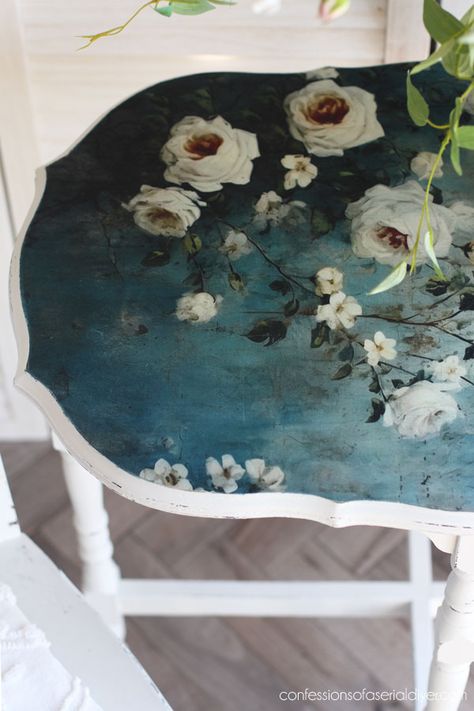 Decoupaged Table Makeover | Confessions of a Serial Do-it-Yourselfer Decoupage Dining Table, Decoupage Coffee Table, Redo End Tables, Decoupage Chair, Decoupaged Furniture, Decoupage Table, Painted Side Table, End Table Makeover, Side Table Makeover