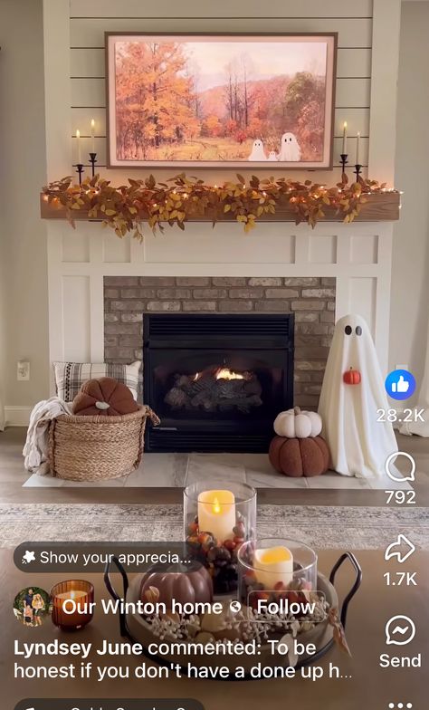 Fall Stone Fireplace Decor, Chimney Decor With Tv, Fall Chimney Decor, Decorated Fireplaces, Mantle With Tv, Stone Fireplace Decor, Chimney Decor, Stone Fireplace, Fireplace Decor