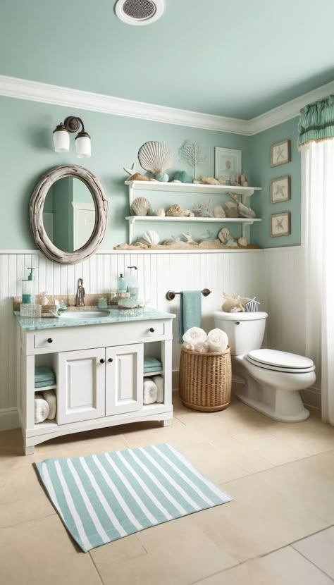 21 Stunning Restroom Decor Ideas to Transform Your Bathroom ✨🛁 Masterbath 2024, Sea Glass Countertop, Restroom Decor Ideas, Hawaii Bathroom, Coastal Bathroom Ideas, Beach Themed Bathroom, Ocean Bathroom, Bathroom Redecorating, Glass Countertop