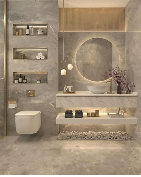 Big Niche Decor Ideas, Modern Bedroom Bathroom, Behance Bathroom Design, Small Luxurious Bathroom, New Bathroom Designs 2024, Guest Bathroom Luxury, Bathroom Designs 2024, Modern Bathrooms Designs, Luxury Powder Room Design Modern