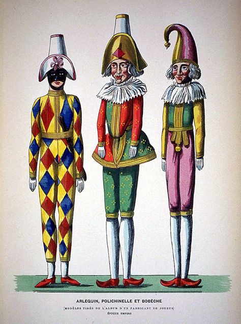 Arlequin, polichinelle et bobéche. Pierrot Clown, Vintage Clown, Vintage Circus, Punch Art, Vintage Poster Art, Puppets, Vintage Art, Photographic Print, Theater