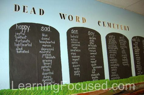 Dead Word Wall Middle School Bulletin Boards, Grave Stones, Vocabulary Instruction, Middle School Writing, Middle School Language Arts, Ela Classroom, Teaching Ela, High School Classroom, Middle School English