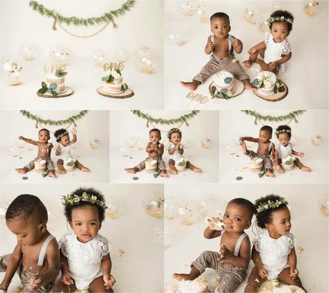 Twins Photoshoot Ideas 1 Year, Twin 1st Birthday Photoshoot, Twin First Birthday Photoshoot, Twin 1st Birthday Ideas Boy And Girl, Twins First Birthday Photoshoot, Twins 1st Birthday Ideas, Twin Birthday Pictures, Twins Cake Smash, Twin Cake Smash