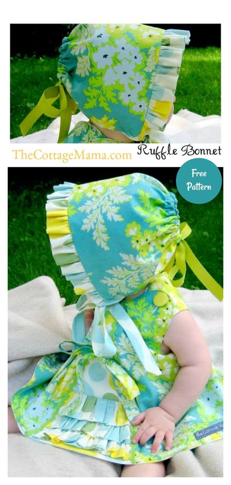 Ruffle Bonnet Free Sewing Pattern Bonnet Tutorial, Baby Sun Bonnet, Summer Sewing Patterns, Baby Bonnet Pattern, Diy Ruffle, Diy Sy, Bonnet Pattern, Fabric Sewing Patterns, Summer Sewing