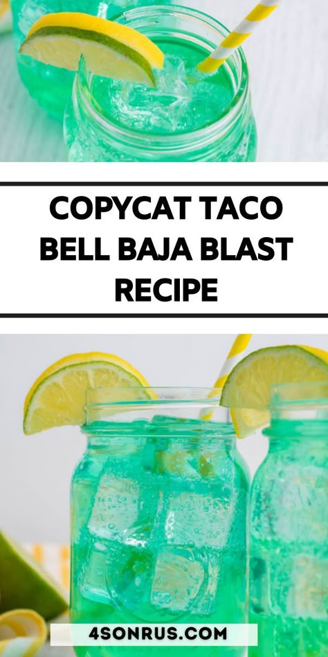 This copycat Baja Blast recipe tastes just like the addicting Taco Bell drink. With it’s icy blue green color and refreshing flavor, this spot on imitation will take you on a trip to your favorite fast food place without ever having to leave your home. #tacobell #copycat #bajablast Tacobell Copycat Recipes, Baha Blast Recipe, How To Make Baha Blast, Baja Blast Alcohol Drink Recipes, Sonic Copycat Recipes Drinks, Baja Blast Recipe, Taco Bell Baja Blast Recipe, Baha Blast, Baja Blast Cocktail