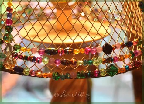 Easy Beaded Basket Lampshade | Hometalk Basket Lampshade Diy, Basket Lampshade, Picnic Table Makeover, Diy Drum Shade, Lampshade Diy, Large Wire Basket, Colorful Lamp Shades, Beaded Lampshade, Faux Fireplace Diy