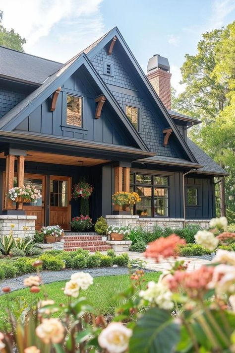 Blue Brown House Exterior, Blue Farmhouse Exterior White Trim, Blue And Black Home Exterior, Deep Blue Exterior House, Navy Blue Homes Exterior, Smokey Blue House Exterior, Marine Blue House Exterior, Shades Of Blue Exterior House Paint, Blue And Wood House Exterior