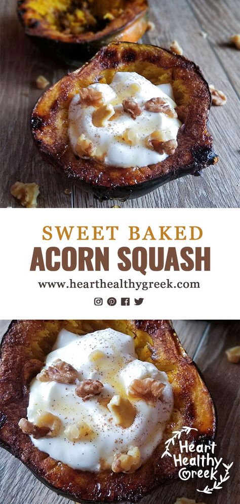 This recipe for Baked Acorn Squash is simple and delicious. It's the perfect fall vegetarian dish that can be eaten as a side, snack or even for breakfast! The squash is baked in the oven until super tender and then topped with Greek yogurt, walnuts, cinnamon and some sweetness! #acornsquashrecipe #bakedacornsquash #fallrecipes #sidedishes Acorn Squash Recipe Sweet, Acorn Squash Dessert, Acorn Squash Recipe Breakfast, Acorn Squash Breakfast, Acorn Squash Dessert Recipes, Breakfast Acorn Squash, Recipes With Acorn Squash, Acorn Squash Baked Healthy, Dessert Acorn Squash