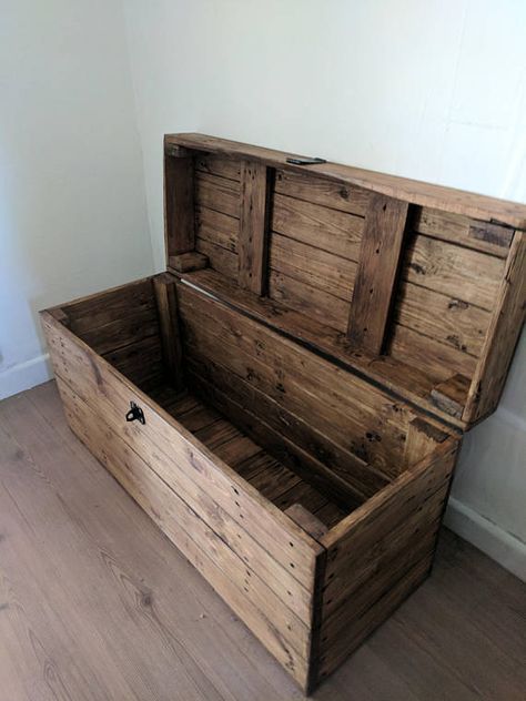 Rustic wooden storage trunk/chest. Handmade from reclaimed pine & yew with a hinged Clamshell lid and lockable hasp The wood is selected for size and characteristics before being sanded to reveal its natural beauty. The pieces are then assembled using quality wood screws for Wooden Chests Rustic, Wooden Trunks Chest, Storage Wooden Boxes, Diy Wooden Trunk, Wooden Storage Chest, Diy Chest Trunk, Wood Trunk Ideas, Wooden Chest Diy, Storage Chest Diy