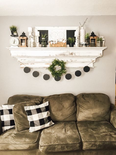 Floating Mantle Shelf Living Room, Mantel Under Tv Decor, Mantle Shelf Decorating Ideas, Farmhouse Floating Shelf Decor, Farmhouse Living Room Mantle, Farmhouse Shelf Decor Living Room, Long Shelf Decor, Long Shelf Above Couch, White Mantle Fireplace