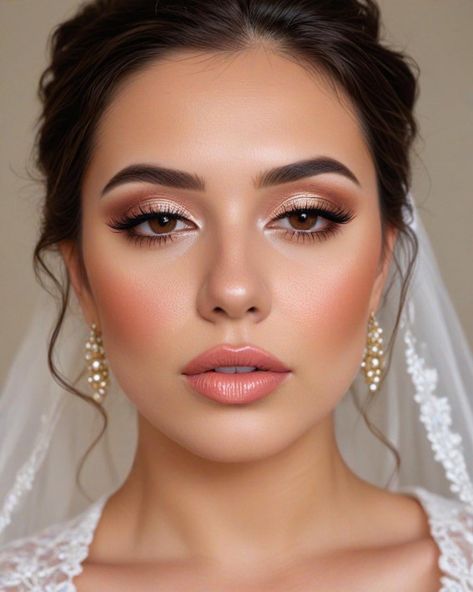 Elegant Makeup For Wedding, Rustic Wedding Makeup Hazel Eyes, Professional Wedding Makeup, Wedding Makeup Hollywood Glam, Champagne Rose Nails, Glowy Peachy Bridal Makeup, Nature Wedding Makeup, Bridal Makeup For Light Brown Eyes, Bride Makeup Rose Gold