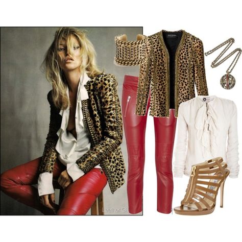 "Kate Moss (red leather pants!)" Rocker Chic Outfits, Red And Leopard, Leopard Outfit, Red Leather Pants, Las Vegas Outfit, Kate Moss Style, Faux Fur Fashion, Red Leopard Print, Leopard Outfits