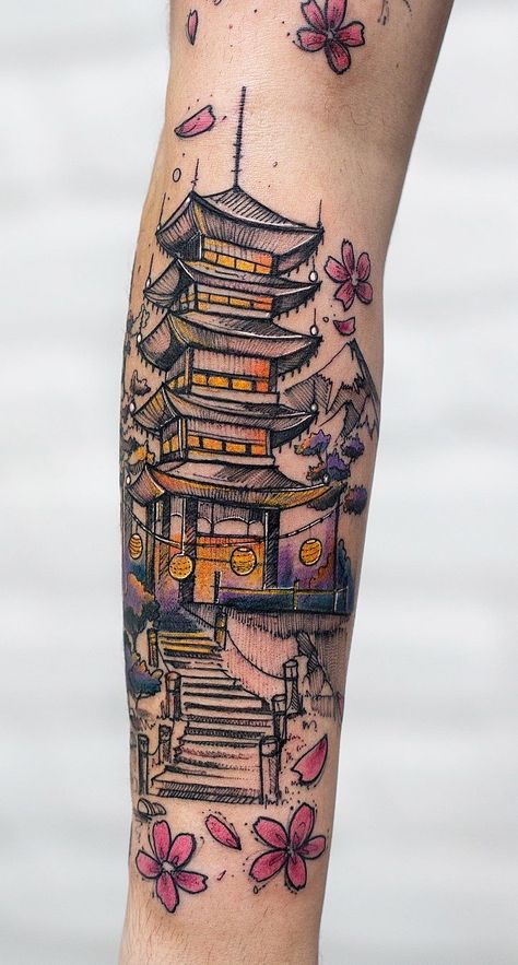 Japanese Temple Tattoo, Magical Tattoos, Illustrative Tattoo, Temple Tattoo, Japanese Tattoo Symbols, Yakuza Tattoo, Back Tattoos For Guys, Anime Tattoo, Japanese Tattoos