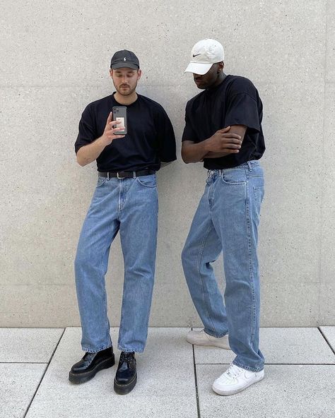 Menswear on Instagram: “Double denim, literally  @the.simons & @nubian.smith | #nclgallery” 90s Male Fashion, Jeans Outfit Men, Creative Fashion Photography, Pants Outfit Men, Streetwear Fits, Black Pants Men, Caption This, Effortless Fashion, Guys Clothing Styles