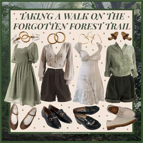 Outfit Lookbook Aesthetic, Cottagecore Outfit Inspiration, Basic Cottagecore Outfit, Hufflepuff Academia Outfit, Forest Walk Outfit, Forest Academia Outfit, Forest Outfit Ideas, Fairy Academia Aesthetic, Folklore Aesthetic Outfits