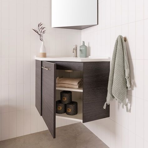 Corner Vanity Bathroom, Corner Vanity Sink, Tiny Bathroom Vanity, Floating Vanity Bathroom, Bathroom Industrial Chic, Corner Bathroom Cabinet, Corner Bathroom Vanity, Corner Sink Bathroom, Corner Vanity Unit