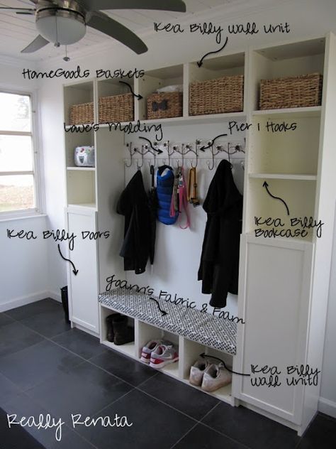 mud room idea - Ikea Billy bookshelves Ikea Mud Room, تحت الدرج, Billy Ikea, Mud Room Entry, Super Organized, Room Storage Diy, Mudroom Laundry Room, Mud Rooms, Mud Room Storage