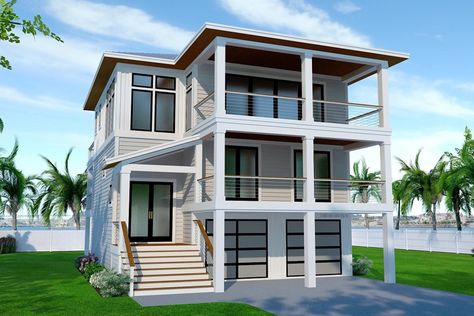 Coastal House Plans - Architectural Designs Coastal House Floor Plans, Minimalistic Exterior, Modern Beach House Exterior, Elevated House Plans, Beach House Floor, Beach House Floor Plans, Coastal Homes Plans, Two Master Suites, Vacation House Plans