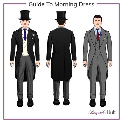 Morning dress is relatively rare, but it's still very important to know the ins and outs of it in case you're invited to a daytime formal event. Morning Dress Men, Morning Coat Men, Wedding Morning Suits, Mens Formal Fashion, Morning Coat, Casual Wedding Attire, Dapper Suits, Daytime Wedding, Morning Dress