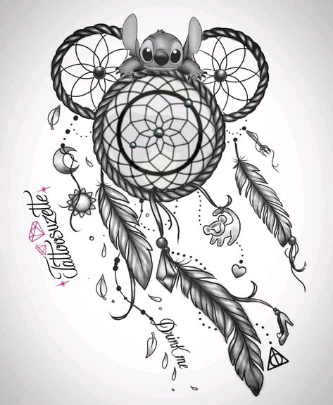 Disney Dream Catcher Tattoo, Disney Dream Catcher, Dream Catcher Tattoo On Thigh, Disney Tattoos Unique, Disney Thigh Tattoo, Atrapasueños Tattoo, Tattoos Disney, Disney Stitch Tattoo, Lilo And Stitch Tattoo