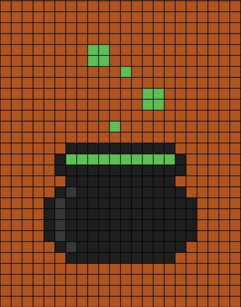 A pixel art template of a dark grey active cauldron. Neon green substance without a stick to stir up. Halloween Crochet Grid Patterns, Cauldron Minecraft, Cauldron Pixel Art, Witch Perler Beads, Pixel Art Ideas Halloween, Halloween Pixel Grid, Pixel Art Pattern Halloween, Halloween Grid Pattern, Alpha Patterns Halloween