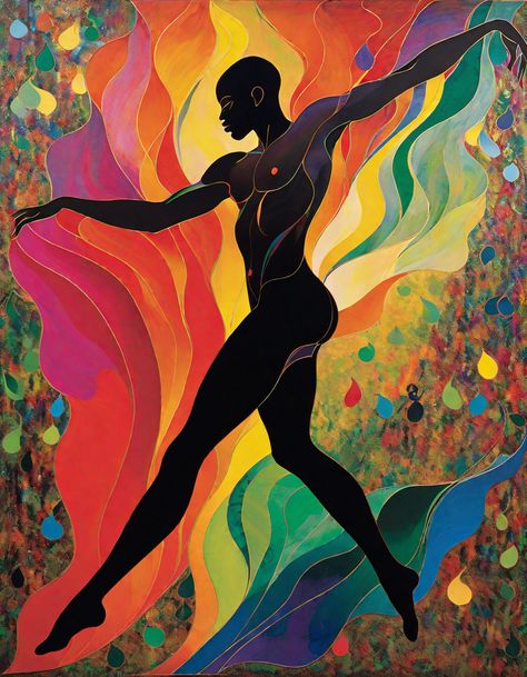 The Chris Ofili touch can be seen in this painting, with its high resolution capturing the dynamic movements of a dancing man. The colorful expressions and vibrant gestures bring the piece to life, while the use of mixed media inspiration adds an abstract element. The dynamic composition and bold colors create an energetic rhythm, complemented by the detailed and colorful textures. The expressive lines convey energy and add depth to the artwork. Rhythm Composition, Chris Ofili, Man Dancing, Expressive Lines, Dancing Art, Dynamic Composition, Mixed Media Inspiration, Bold Colors, Dancing