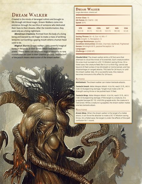 Dream Walker: DnD 5e Homebrew Dnd Dream Monster, Dnd Eldritch Horror, Dnd Homebrew Monsters, Witcher Dnd, Lovecraftian Monsters, Dream Monster, 5e Monsters, Dream Walker, Witcher Monsters