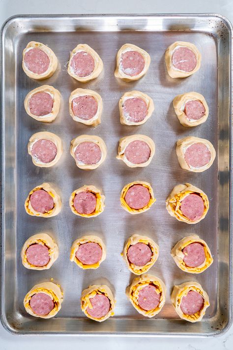 Kilted Sausage Bites | 12 Tomatoes Kilted Sausage Bites 12 Tomatoes, Kilted Sausage Bites, Iowa Party Bites, Summer Sausage Appetizers, Steak Rollups, Sausage Bites, Tomatoes Recipes, 12 Tomatoes Recipes, Crescent Roll Recipes