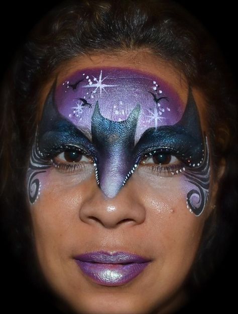 Gina Halloween Face Painting Moon Face Paint, Girls Witch Face Paint, Bat Costume Face Paint, Purple Witch Face Paint, Bat Face Paint, Bat Girl Face Paint, Bat Mask, Face Painting Halloween, Face Painting