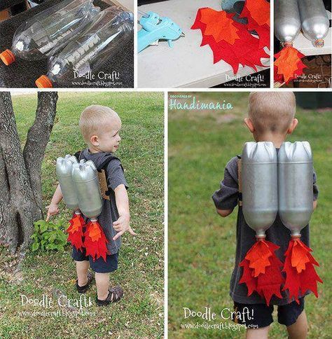 Soda bottles  into rocket backpack... Diy Rocket, Jet Pack, Silver Spray Paint, Hallowen Ideas, Rockets For Kids, Crafts For Boys, Recycled Bottles, Diy Halloween, Recycle Plastic Bottles