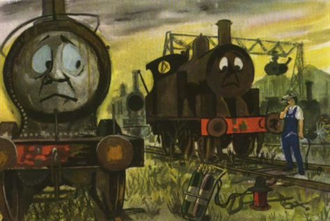 From one of my favourite "Railway Series" books as a kid, Stepney the Bluebell Engine, this picture scared me. The facial expressions and dismal colours may make it one of the most depressive scenes in all those otherwise colourful books. Childhood Ruined, Heritage Railway, Friends Characters, Thomas The Tank, Thomas The Train, Thomas The Tank Engine, Old Video, Thomas And Friends, Book Images