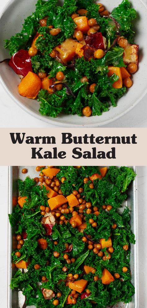 This hearty sheet pan butternut squash salad with kale is full of texture, color, and flavor! It’s festive and perfect for holidays and for sharing, yet it’s also stress-free to prepare. Sweet roasted butternut squash, apples, and onions, crispy chickpeas, and tender marinated kale: this unconventional warm salad has it all. Roasted Butternut Squash And Chickpeas, Kale And Squash Salad, Butternut Squash And Kale Recipes, Roasted Kale Salad, Marinated Kale, Apples And Onions, Butternut Squash Kale, Kale Quinoa Salad, Cut Butternut Squash