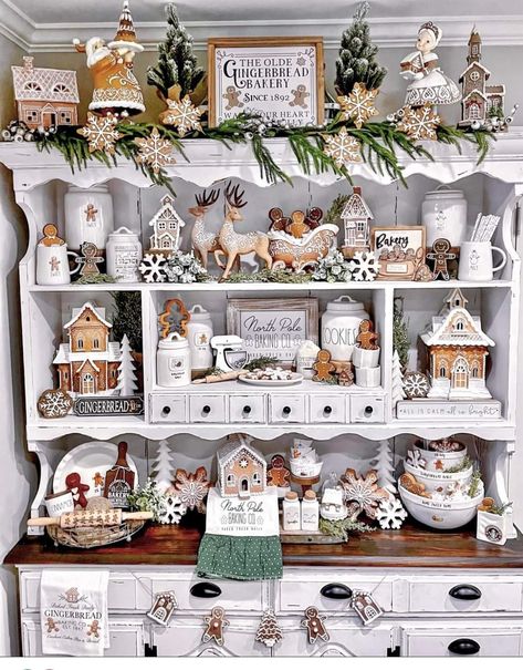 Christmas Hutch Decor, Christmas Hutch, Gingerbread Theme, Gingerbread Decor, Hutch Decor, Rae Dunn Christmas, Gingerbread Christmas Decor, Gingerbread House Decorations, Gingerbread Decorations