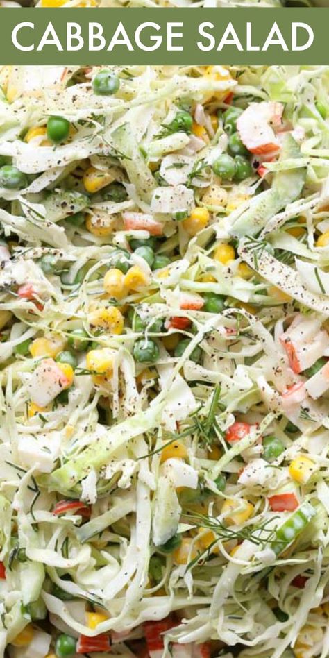 A delicious cabbage crab salad recipe!  This crunchy salad is a great salad to make for any occasion. It has a mixture of fresh cabbage, cucumbers, crab meat, peas, and corn combined with a mayo dressing. #valentinascorner #salad #saladrecipe #cabbage #crab #cabbagesalad Creamy Cabbage, Peas And Corn, Cabbage Salad Recipe, Mayo Dressing, Crab Salad Recipe, Sea Food Salad Recipes, Cabbage Salad Recipes, Vegetarian Salad Recipes, Meat Salad