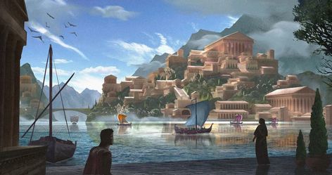 Ionians by Borisut Chamnan : ImaginaryArchitecture Ancient Greek City, Greek City, Landscape Concept, Fantasy Castle, Fantasy City, Fantasy Places, Fantasy Setting, Landscape Scenery, Fantasy Art Landscapes