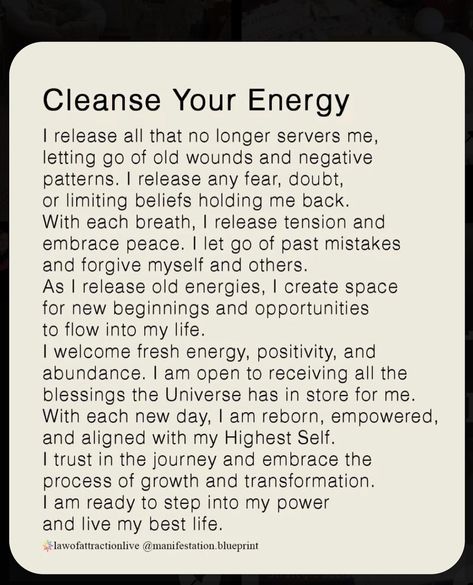 Cleanse your energy #energyhealing #positivethinking #positivequotes #positivemindset #energy #mantra Energy Cleansing Affirmations, Energy Quotes Vibes, Cleansing Mantras, How To Protect Your Energy, Cleanse Quotes, Cleansing Mantra, Energy Mantra, Mantras For Positive Energy, Spiritual Cleansing Prayer