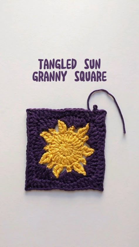 Cute Granny Square Crochet Pattern Free, Disney Granny Square Crochet Pattern, Disney Crochet Patterns Blanket, Tangled Sun Crochet Granny Square, Tangled Sun Crochet Pattern Free, Tangled Flower Crochet Pattern, Tangled Granny Square Pattern, Tangled Crochet Bag, Crochet Disney Granny Squares