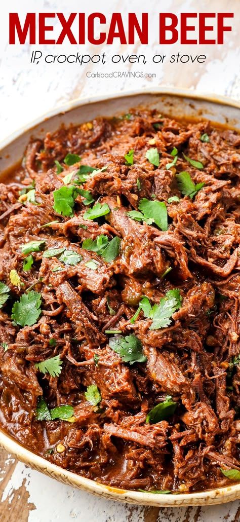 This flavor packed Mexican Shredded Beef is juicy, spoon tender, and so easy to make in the slow cooker, oven or stove - it’s perfect for tacos, burritos, taquitos, quesadillas, and more! (Make ahead and freezer friendly!) #mexicanrecipes #tacos #mexicanbeef #shreddedbeef #chuckroast #roast #beef #beefrecipes #easydinner #crockpotdinner #crockpotmeals #slowcooker #slowcookerdinner #crockpotbeef #dinner #dinnerrecipes #dinnerideas #recipes #easyrecipe #recipes #recipeoftheday #recipeideas #recipe Shredded Beef Taco Crockpot, Shredded Beef Mexican Recipes, Beef Chuck Mexican Recipes, Mexican Shredded Beef Stove Top, Shredded Beef Tacos Oven, Shredded Beef Stove Top, Shredded Beef Enchiladas Crock Pot, Beef Roast Mexican Recipes, Shredded Beef In Oven