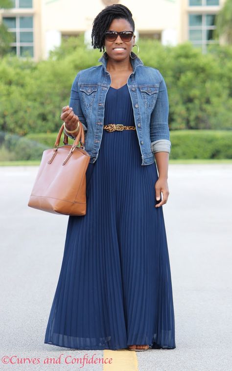 Curves and Confidence |  | Denim Jacket - Old Navy | Dress - Victoria's Secret (on sale) | Purse - Just Fab |  | Sandals - Rampage | Curves And Confidence, Navy Maxi Dress, Maxi Outfits, Beautiful Maxi Dresses, Miami Fashion, Moda Plus, Pleated Maxi, Curvy Girl Fashion, Weekend Wear