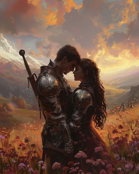 Sif Dark Souls, Medieval Romance, Dark Fantasy Artwork, Arte 8 Bits, Fantasy Couples, Sunset Light, Light Pink Flowers, Romance Art, Knight Art