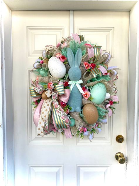 Easter Wreath with Bunny and Eggs for Front Door, Bunny Wreath for Easter, Easter Wreath for Front Door, Floral Easter Wreath, Bunny Wreath by OurWhimsicalHome on Etsy Easter Egg Wreath, Metallic Mesh, Soft Mint, Whimsical Home, Faux Greenery, Mint Gold, Easter Bunny Decorations, Spring Wreaths, Bunny Wreath