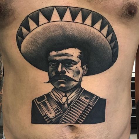 Whipshaded on Instagram: ““I rather die on my feet than live on my knees.” -Emiliano Zapata. Tattoo by @bounty_tattoo” Ad Pancho Tattoo Designs, Zapata Tattoo, Pancho Villa Tattoo Design, Mens Mexican Tattoos, Guerrero Mexico Tattoo, Mexican Gangster Tattoos, Chicano Tattoo, Chicano Art Tattoos, Skull Tattoo Design