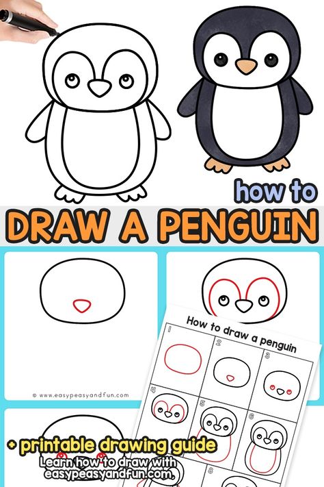 How to Draw a Penguin – Step by Step Drawing Tutorial - Easy Peasy and Fun Penguin Drawing Easy, Penguin Outline, Draw A Penguin, Directed Drawing Kindergarten, Montessori Christmas, Winter Drawings, Penguin Drawing, Draw Step By Step, Easy Animal Drawings