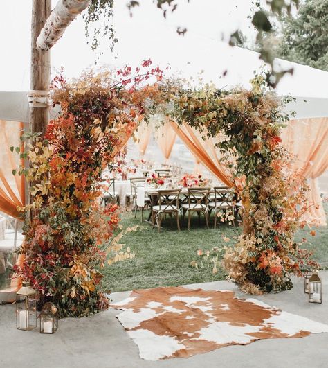 Autumn wedding flower arch    https://www.instagram.com/p/BsYVVLcgDYx/ Fall Wedding Ceremony Decorations, Face Play, Fall Wedding Venues, Fall Wedding Ceremony, Pumpkin Risotto, Whitefish Montana, Mulled Cider, Fall Foods, Pot Luck