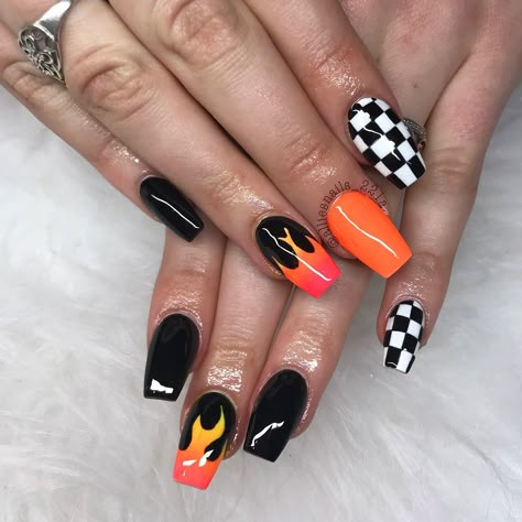 Fire Short Nails Designs, Hot Cheetos Nails, Monster Truck Nail Designs, Halloween Flame Nails, Car Show Nails, Colorful Flame Nails, Nascar Nails Designs, Short Flame Nails, Hot Wheels Nails