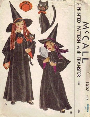 Early 1950s Halloween Witches Costume Witch Costume Pattern, Black Witch Costume, Witch Costume Diy, Halloween Costume Patterns, 1950s Halloween, Vintage Halloween Images, Stuffed Cat, Costume Sewing, Vintage Halloween Costume