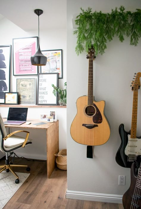 Designing a home office built for me, a creative, wasn't a quick easy process and took a couple twists and turns along the way. The before of this office was pretty bleak, you can see more pictures and my initial thoughts on the space in this post here. It's a small room that was originally... Small Music Room, Office Music Room, Music Room Office, Office Music, Designing A Home, Design Home Office, Creative Office Space, Small Guitar, Guitar Room