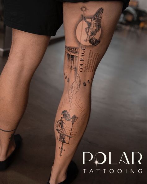 Realism Statue Tattoo, Art Tattoo Ideas, Legs Tattoo, Back Of Leg Tattoos, Tattoo Realism, Tatuagem Masculina Pequena, Anubis Tattoo, Full Leg Tattoos, Simple Tattoos For Guys