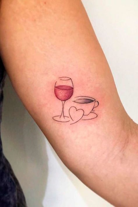 Coffee And Wine Tattoo Ideas, Resilience Tattoo, Wine Tattoo, Tattoo Cafe, Small Matching Tattoos, Food Tattoos, Coffee Tattoos, Friendship Tattoos, Wrist Tattoos For Women