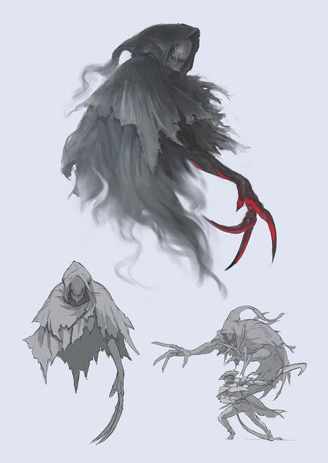 Fantasy Scythe Concept Art, Reaper Concept Art, Reaper Character Design, Ffxiv Reaper, Scythe Poses, Enemy Design, Reaper Design, Reaper Art, Shadow Monster